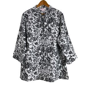 Lily Stanhope White‎ Black Floral Print 100% Linen Button Down Top Size 1X